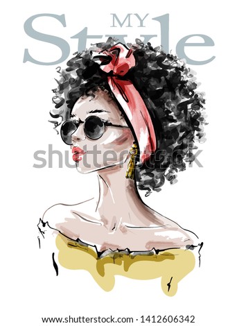 Hand drawn beautiful young African American woman with afro hairstyle. Stylish black skin girl in sunglasses. Fashion woman look. Sketch. Vector illustration.