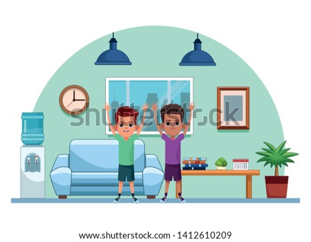 two young little kids boys with hands up avatar carton character indoor in house background vector illustration graphic design