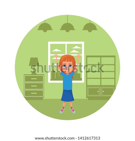 little kid girl with hands up avatar cartoon character portrait in round icon with indoor house background