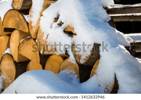 Neatly piled stack of chopped dry trunks wood covered with snow outdoors on bright cold winter sunny day, abstract background, Fire wood logs prepared for winter, ready for burning.