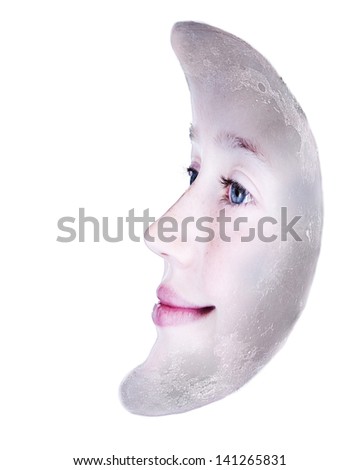 Girls face in the shape of a crescent moon, photograph isolated on white background: parts of this image furnished by NASA