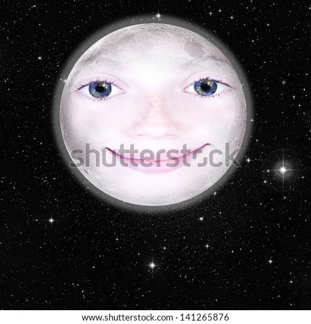 Girls face in the shape of a full moon, photograph with star background: parts of this image furnished by NASA