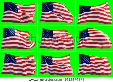 Conceptual group of waving American flags isolated over green background in a row 