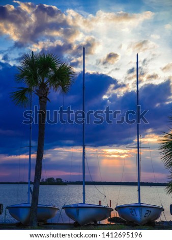Ocean sunset, clouds in the sky, sailboat and palm tree
