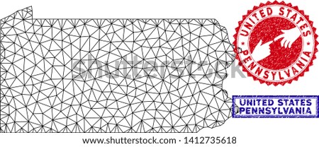 Carcass polygonal Pennsylvania State map and grunge seal stamps. Abstract lines and dots form Pennsylvania State map vector model. Round red stamp with connecting hands.