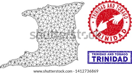 Network polygonal Trinidad Island map and grunge seal stamps. Abstract lines and circle dots form Trinidad Island map vector model. Round red stamp with connecting hands.