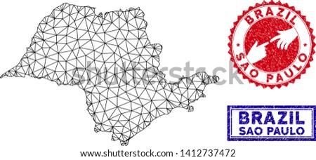 Wire frame polygonal Sao Paulo State map and grunge seal stamps. Abstract lines and spheric points form Sao Paulo State map vector model. Round red stamp with connecting hands.
