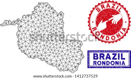 2D polygonal Rondonia State map and grunge seal stamps. Abstract lines and dots form Rondonia State map vector model. Round red stamp with connecting hands.