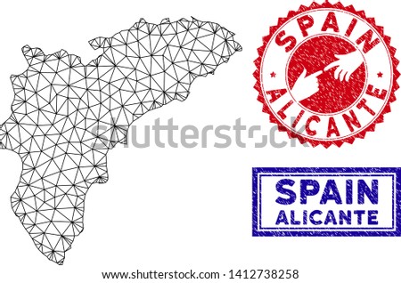 2D polygonal Alicante Province map and grunge seal stamps. Abstract lines and points form Alicante Province map vector model. Round red stamp with connecting hands.