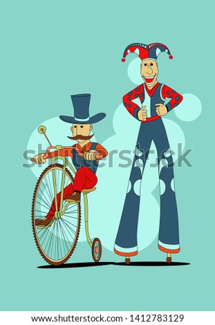 A man on stilts, a man on a vintage bike. Carnival, clowns in cartoon style