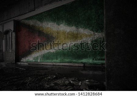 painted flag of guyana on the dirty old wall in an abandoned ruined house. concept