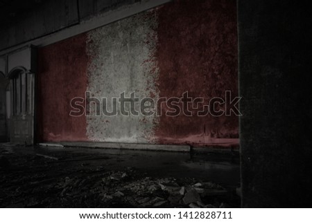 painted flag of peru on the dirty old wall in an abandoned ruined house. concept