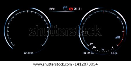 Empty car dashboard panel concept. Modern car digital LCD instrument cluster without gauge needles and digits. Two blank speedometer and tachometer circle dials.