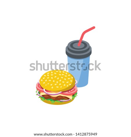 Burger and soda isometric illustrate 3d vector icon. Creative design idea.