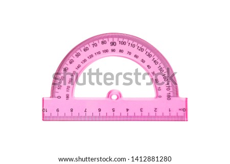 One plastic pink protractor with degrees and digits for education or work isolated on white background. Top view 