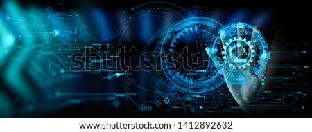 Engineer hand check and control welding robotics automatic arms icon with machine in intelligent factory automotive industrial with UI monitoring system software. Royalty-Free Stock Photo #1412892632