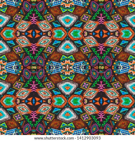 Aztec pattern. Seamless african print. Navajo retro style. Seamless cherokee print. Vintage style. Folk design. Boho fashion. Black, cyan, pink, green, gold aztec pattern.
