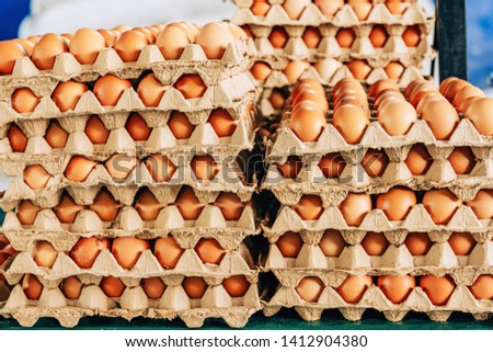 Eggs in trays on the market. Storage and transportation of chicken eggs. Factory Chicken Eggs