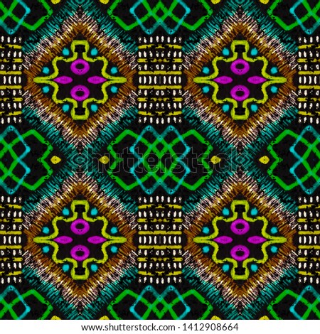 African repeat pattern. American seamless print. Geometric seamless print. Tribal vintage motif. Indian texture. Mexican style. Navajo motif. Black, gold, pink, green, brown african repeat pattern.