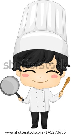 Illustration of Little Chef Boy holding a Saucepan and a Kitchen Spoon