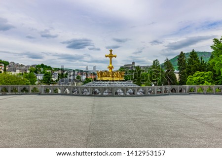 Golden Crown of Basilica Notre Dame in Lourdes Panoramic View