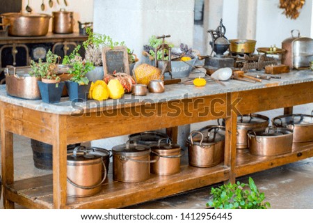 Antique kitchen dishware and pans used by Portuguese Royal family