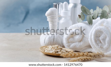 Set of cosmetic products with oat  flakes for sensitive skin care, SPA Beauty concept.