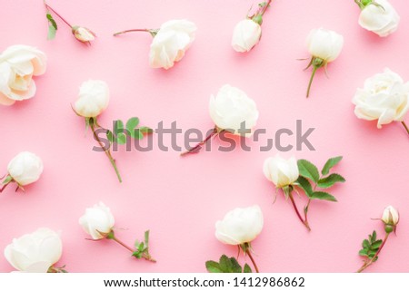 Fresh, white roses with green leaves on light pastel pink background. Beautiful flower pattern. Flat lay. Closeup.