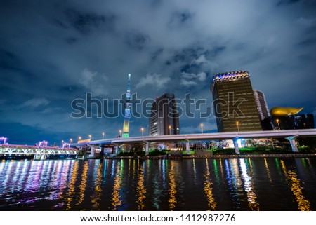 Tokyo skyline on the Sumida River at night, Japan