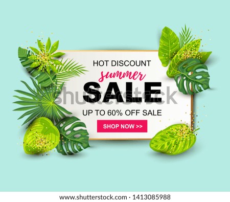 Summer sale banner with tropical leaves. Place for text. Template for poster, web, invitation, flyer. Vector illustration.