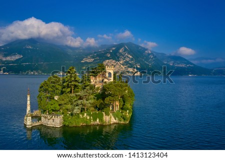 Flight on drone, aerial view of lake Iseo, Italy.
