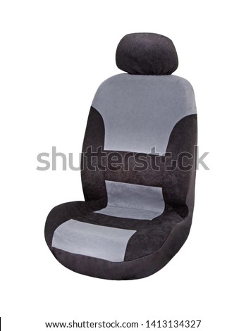 Black and grey velours car seat cover with headrest, upper front side view, isolated on white Royalty-Free Stock Photo #1413134327
