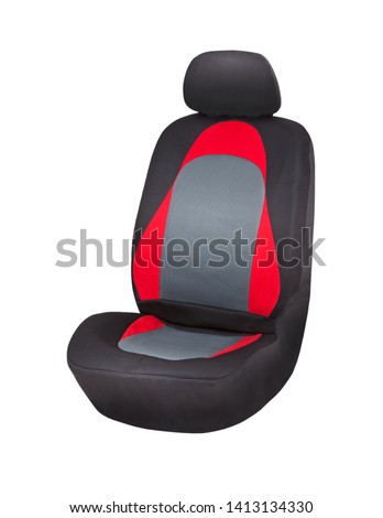 Black, red and grey net textile car seat cover with headrest, upper front side view, isolated on white Royalty-Free Stock Photo #1413134330