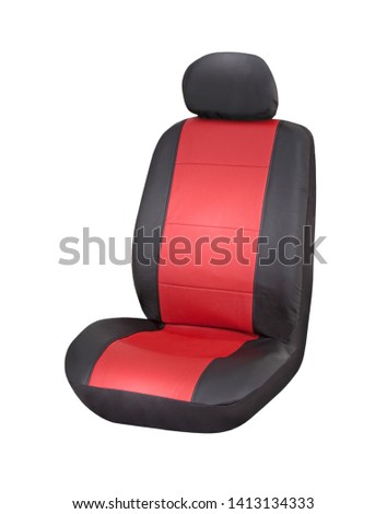 Red and brown eco leather car seat cover with headrest, upper front side view, isolated on white Royalty-Free Stock Photo #1413134333