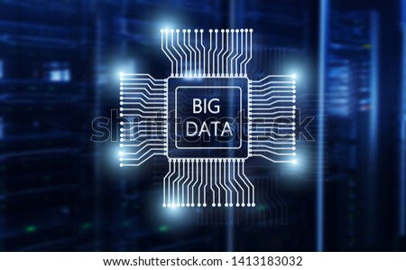 Big Data Concept on modern server room. Blue Technology Background
