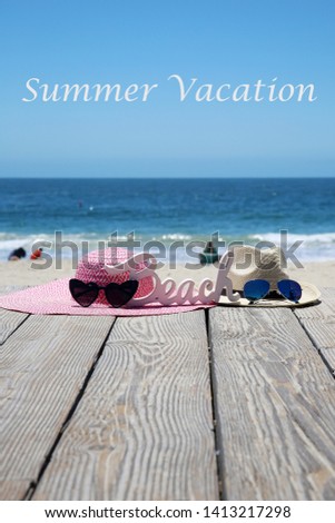 Beach Vacation. Sun Hat. Beach scene. Summer accessories. Summer concept. 
