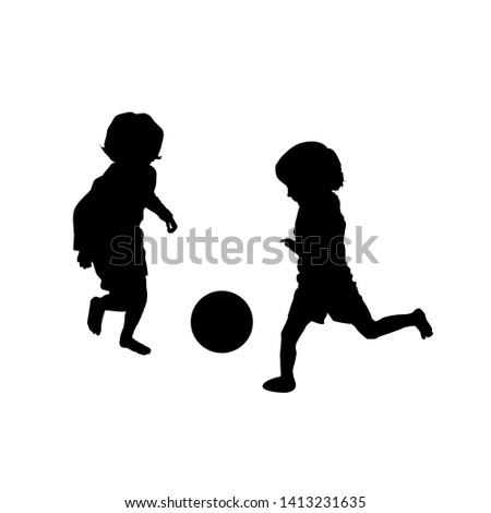 Vector silhouette of children playing soccer, isolated, grouped objects over white background
