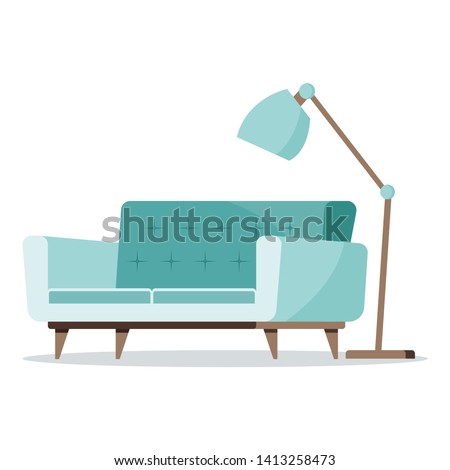 Mint color set: floor lamp and soft sofa with wooden sofa leg icons. Furniture collection. Vector flat design illustration. Cartoon interior graphic design elements isolated on white background.