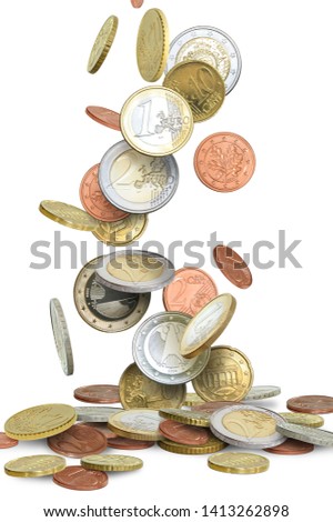 Euro coins fall on a pile 