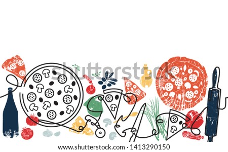 Pizza Background. Pizza Pattern. Continuous Line Drawing.  Vector illustration.