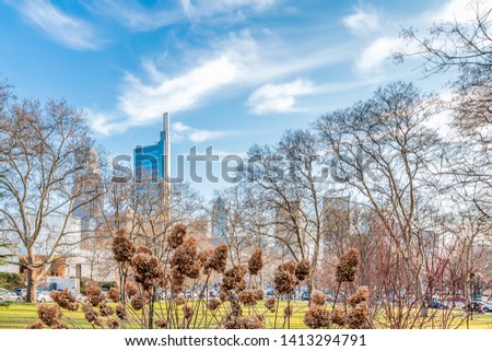 Philadelphia, Pennsylvania, USA - December, 2018 - Beautiful view of Philadelphia downtown skyline, near Rodin Museum.