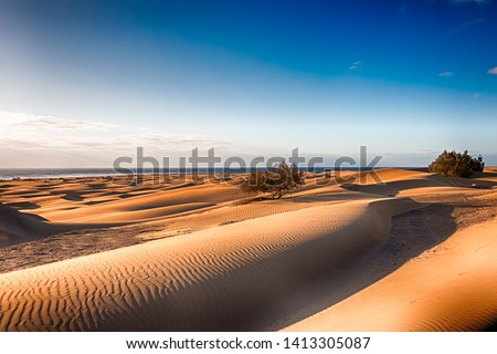 View of Maspalomas Dunes in Playa del Ingles, Maspalomas, Gran Canaria, Spain. HDR. Royalty-Free Stock Photo #1413305087