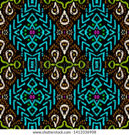 Ethnic embroidery. Seamless aztec pattern. Seamless geometric print. Vintage patchwork. Tribal vintage motif. Simple graphic texture. Indigo, black, pink, cyan, neon ethnic embroidery.