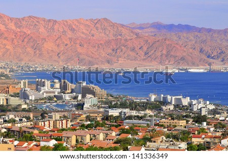 View to Eilat city, famous international resort - the southernmost city of Israel.  Royalty-Free Stock Photo #141336349