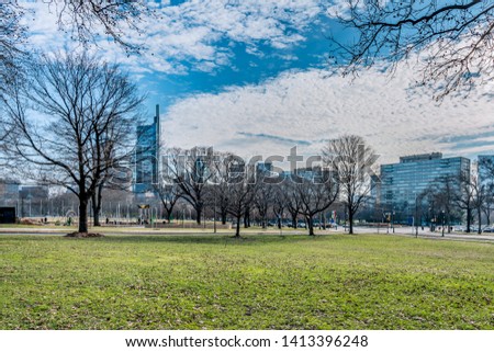 Philadelphia, Pennsylvania, USA - December, 2018 - Beautiful view of Philadelphia downtown skyline near Von Colln Memorial Field.
