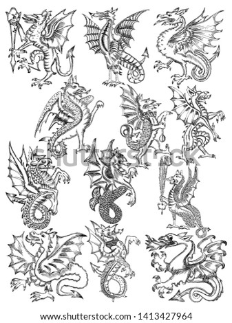 Hand Drawn Heraldic Dragon Vector Pack 01