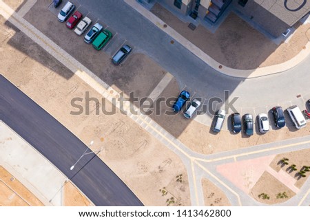 street of newly built residential complex, aerial top view