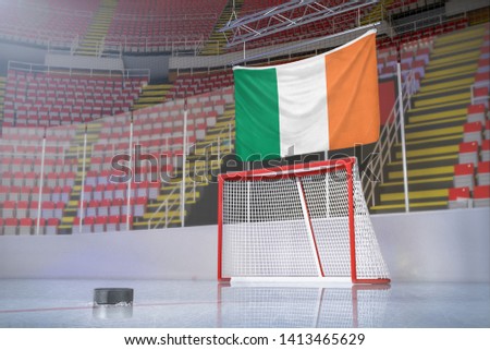 Flag of Ireland in hockey arena with puck and net