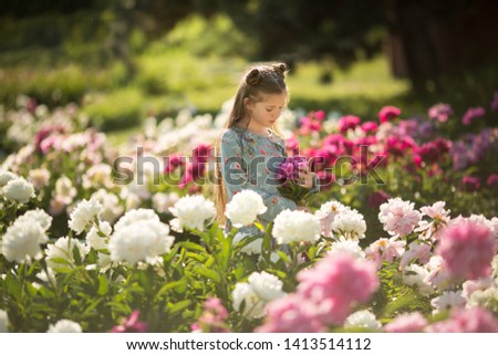 
beautiful girl standing in a field of peonies and holding a bouquet of peonies