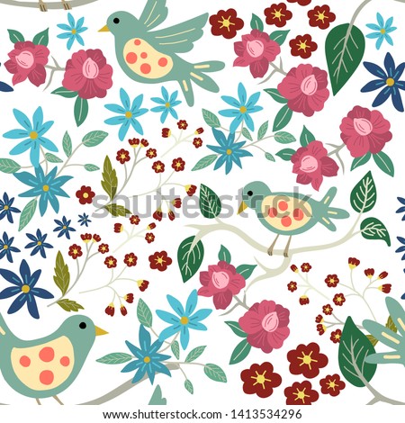 seamless pattern of hand drawn little bird and flower on blue background